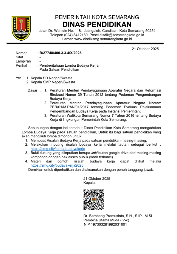 Pemberitahuan Lomba Budaya Kerja pada Satuan Pendidikan